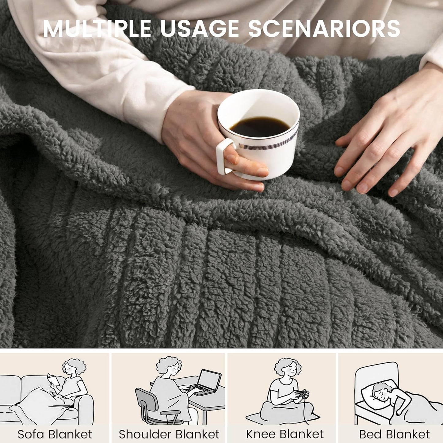 Heated Blanket Electric Blanket Throw - Fast Heating Blanket Throw Double Sided Sherpa Ultra Soft Cozy with 10 Heating Levels & 2-10 Hours Auto Off, Mashine Washable, 50 x 60 Inches, Grey