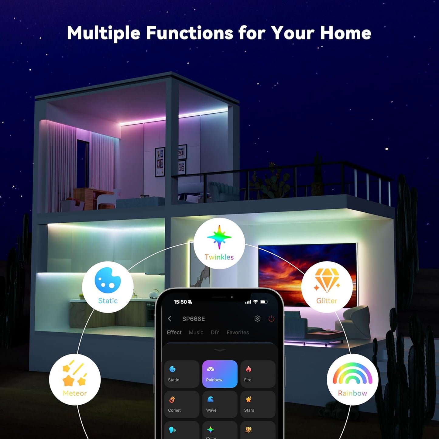 MIWISE LED Strip Lights,RGB Smart IC COB LED Strip Light Color Chasing,24ft Multicolor Flexible LED Tape Light,Music Sync with APP Control,Addressable DIY 16M Colors, for Cabinet,Bedroom,Party Decor