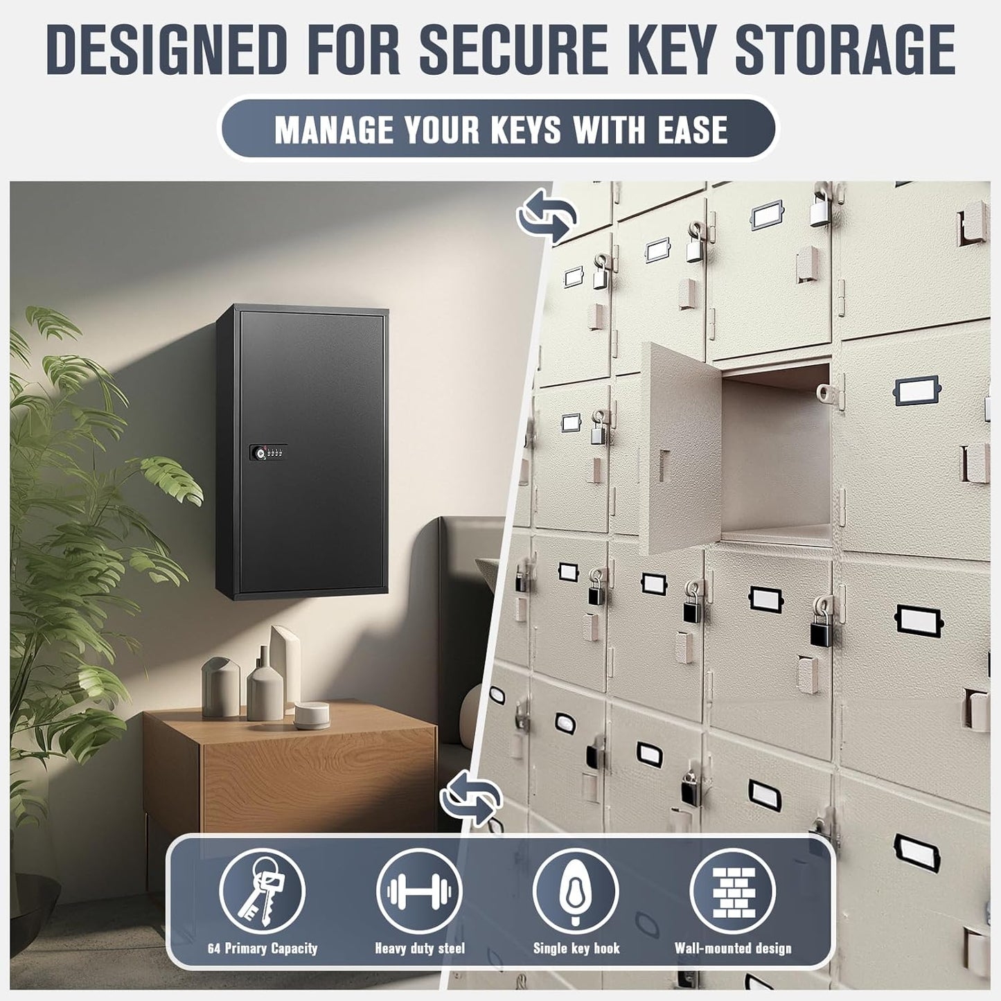 Key Cabinets, Key Organizer Box(64 Keys),Key Cabinet Wall Mount, Key Lock Box Wall Mount for Hotels Offices Property Management Apartment Complexes Car Lots Car Dealerships and Repair Shops