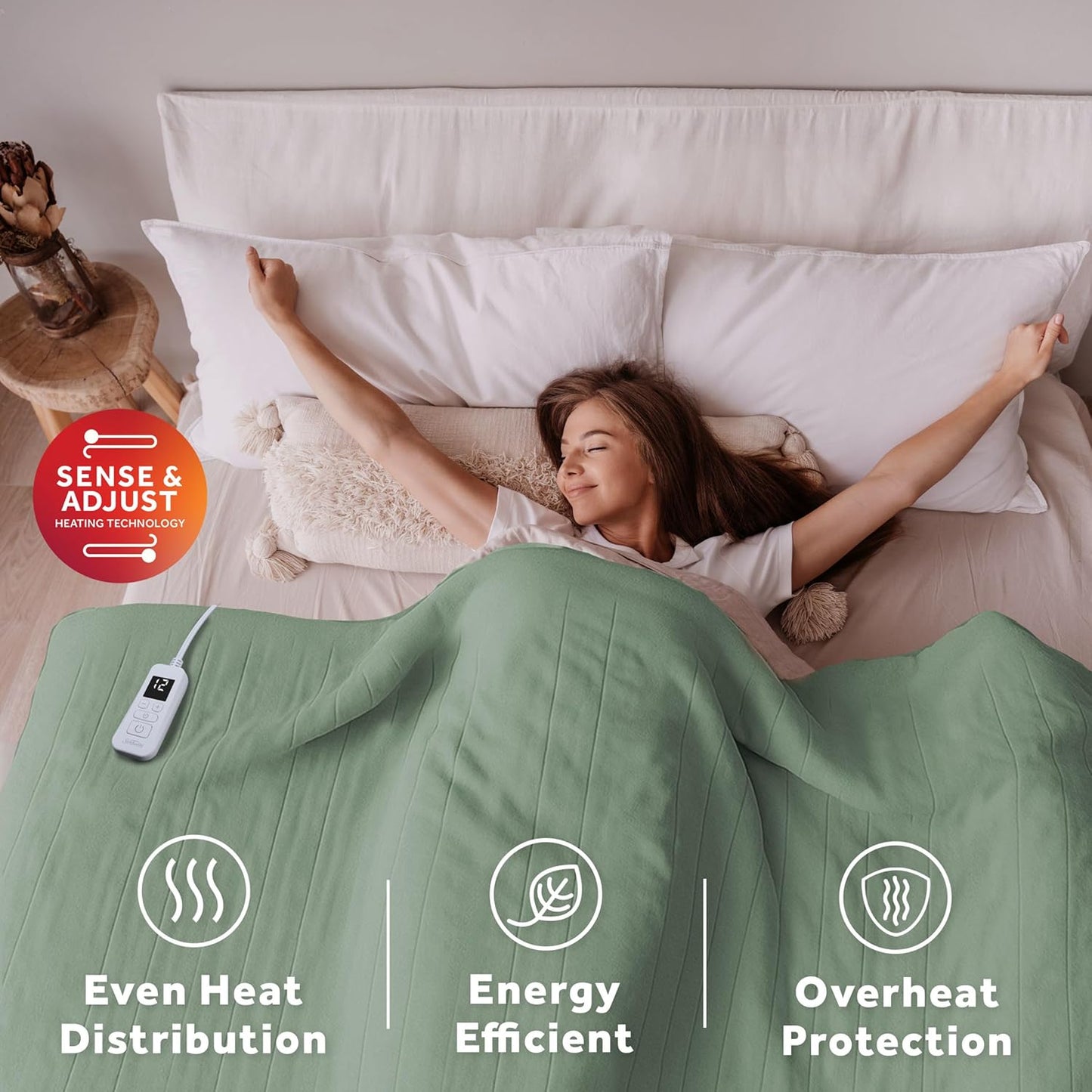 Sunbeam Royal Ultra Fleece Heated Electric Blanket Full Size, 84" x 72", 12 Heat Settings, 12-Hour Selectable Auto Shut-Off, Fast Heating, Machine Washable, Warm and Cozy, Matcha