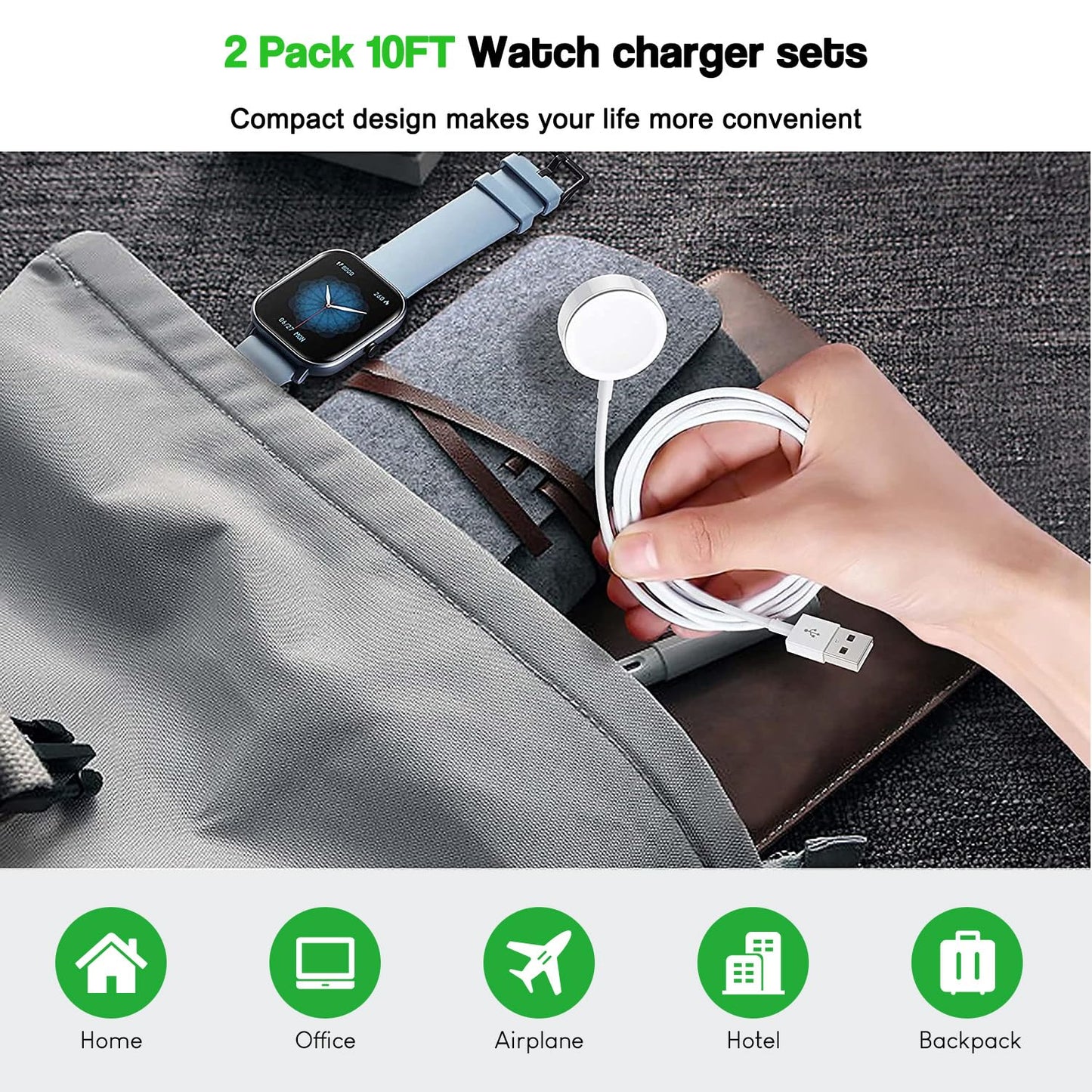 Fast Charger for Apple Watch,2 Pack USBC & A PD Wall Charger Adapter with 10FT Long USBA Magnetic Apple Watch Fast Charging Cable Portable Compatible with iWatch Series 10/9/8/7/SE/SE2/5/4/3/2/1/Ultra