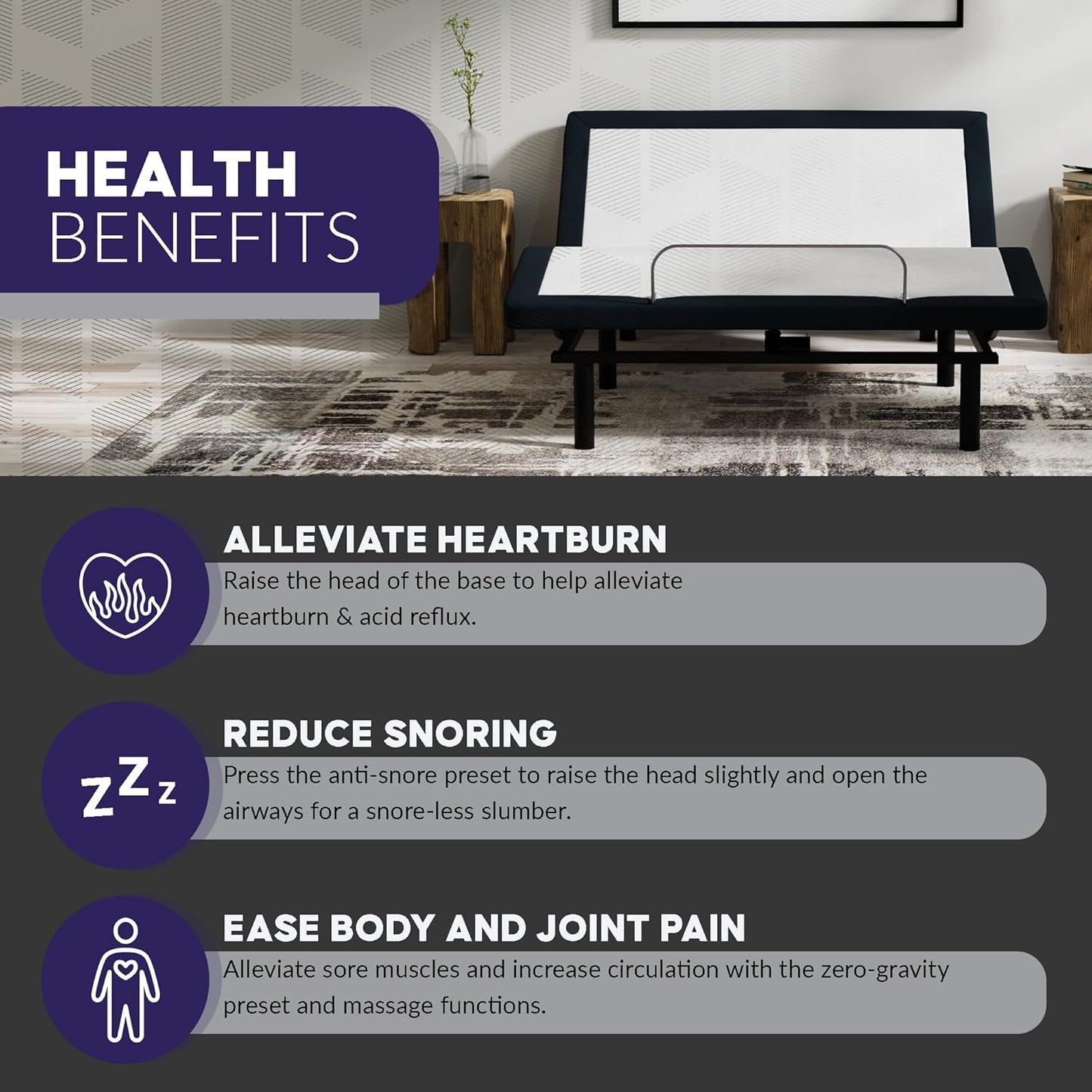 Blissful Nights e4 Full Size Adjustable Bed Base Frame with Massage, Anti-Snore, Zero Gravity, Dual USB Charging Station, Under Bed Nightlight, Wireless Remote Head and Foot Incline