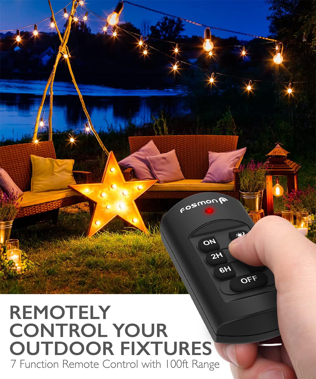 Fosmon Outdoor Light Timer Outlet with Remote Control, Waterproof Dusk to Dawn Plug-in Timer with Wireless Remote for Electrical Outlets, Outside Lighting, 100 ft Range, 15A 1/2HP, Grounded-UL Listed