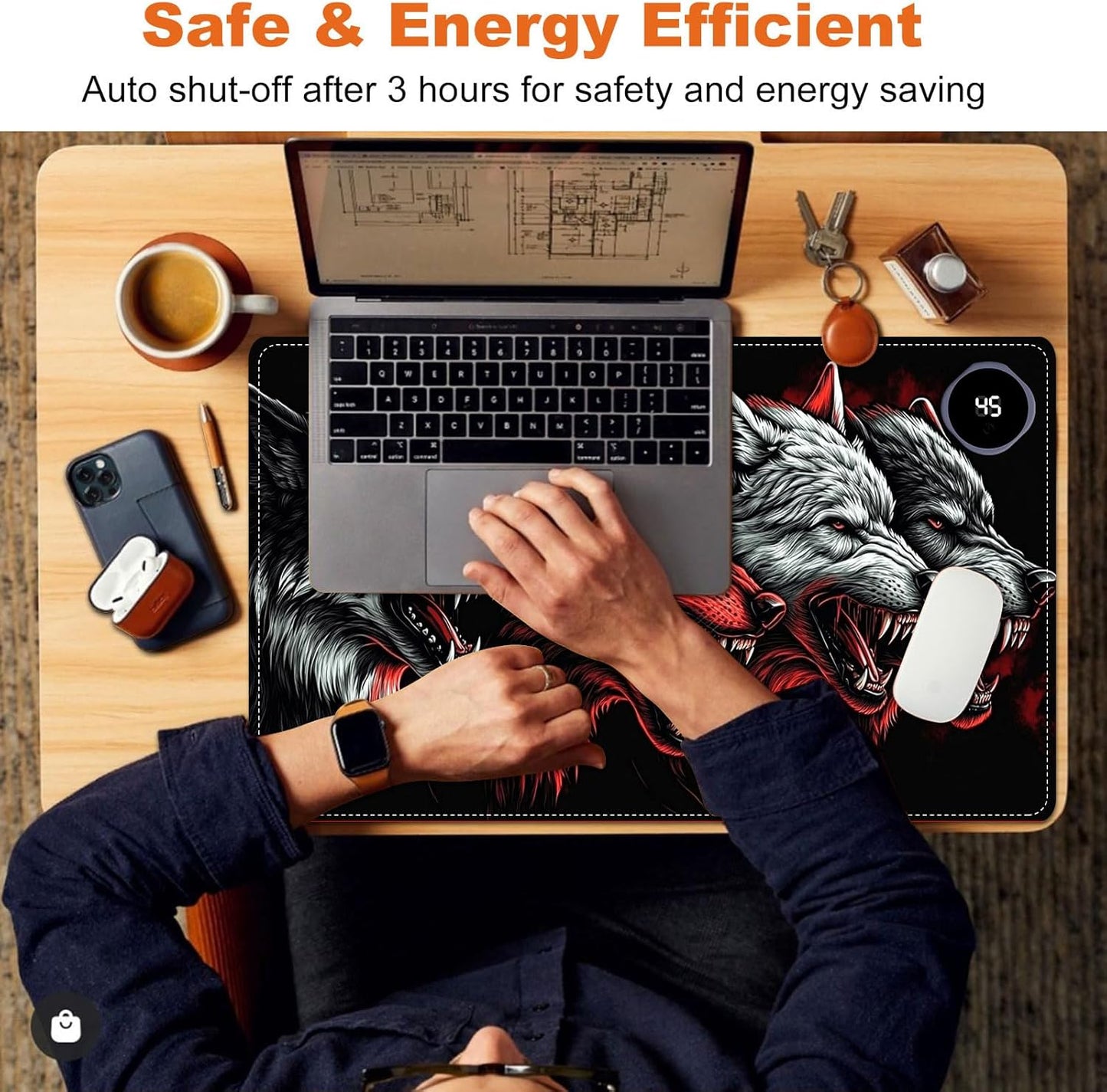 Small Heated Desk Pad 23.6" x 14.2" – Compact Electric Mouse Pad with 3 Heating Levels, Auto Shut-Off, Waterproof PU Surface, Plug-in Warmer for Office or Home Use, Four Wolves