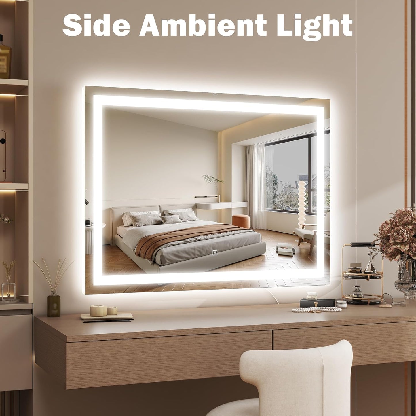 ROLOVE 38"x28" Inch Large Lighted Vanity Mirror, 3-Color Lighting & Dimmable Modes, LED Makeup Mirror for Bathroom/Dressing Room (Wall/Tabletop Mount, White)