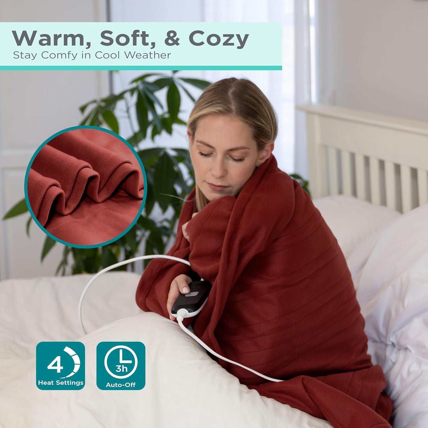 BLACK+DECKER Heated Blanket Electric Throw, Fleece Electric Blanket, Heating Blanket with 4 Heating Levels, 3H Timer, Auto Shutoff, Fast Heating (50x60 inches, Mushroom)
