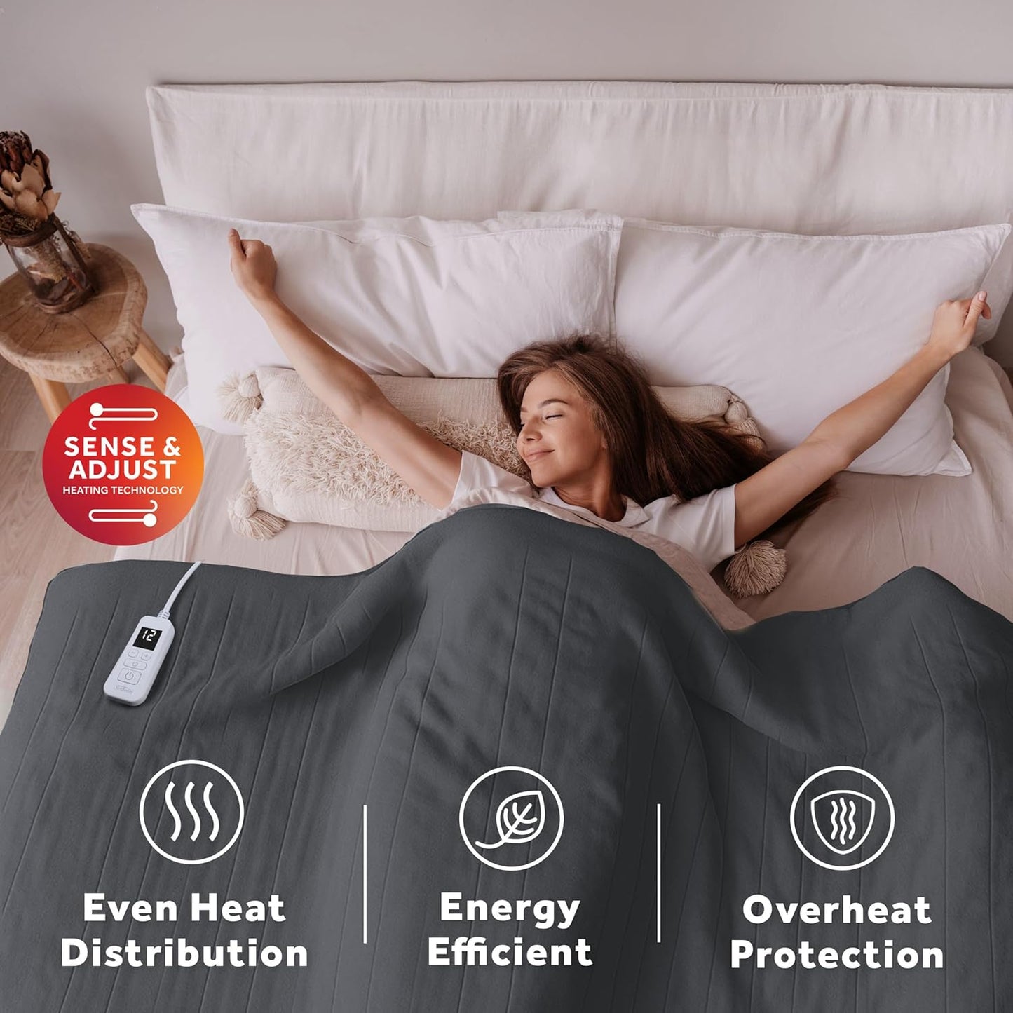 Sunbeam Royal Ultra Fleece Heated Electric Blanket Twin Size, 84" x 62", 12 Heat Settings, 12-Hour Selectable Auto Shut-Off, Fast Heating, Machine Washable, Warm and Cozy, Iron