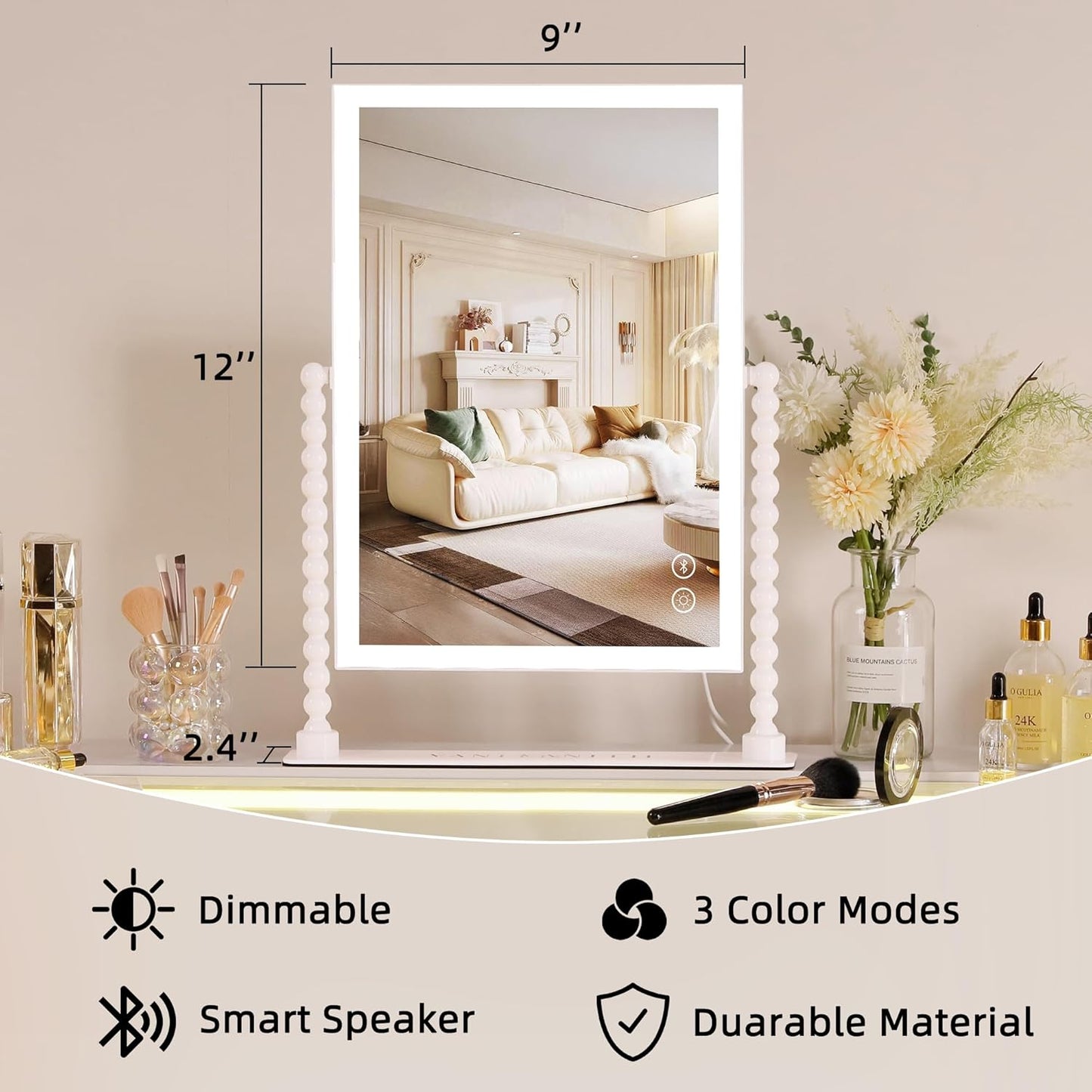 VANITII Vanity Makeup Mirror 12”x16” Hollywood Mirror with Lights and Smart Speaker Desk Mirror 3 Lighting Modes Touch Control for Dormitory Bedroom
