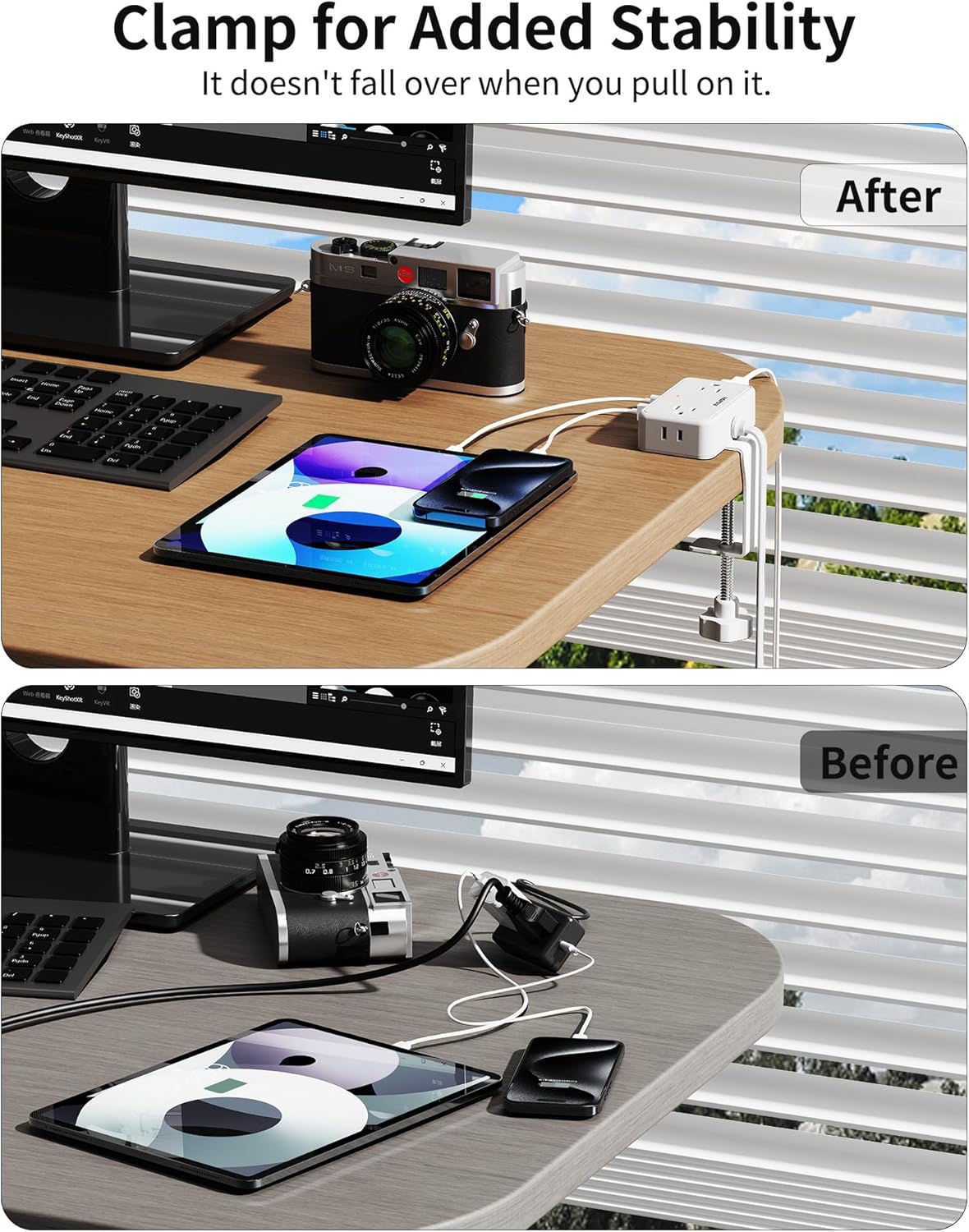 Desk Clamp Power Strip, Desktop Mount Charging Station with 4 Outlets 4 USB Ports (2 USB C), 10Ft Under Desk Power Strip, Fits 2.75" Tabletop Edge, Extension Cord for Home Office, White