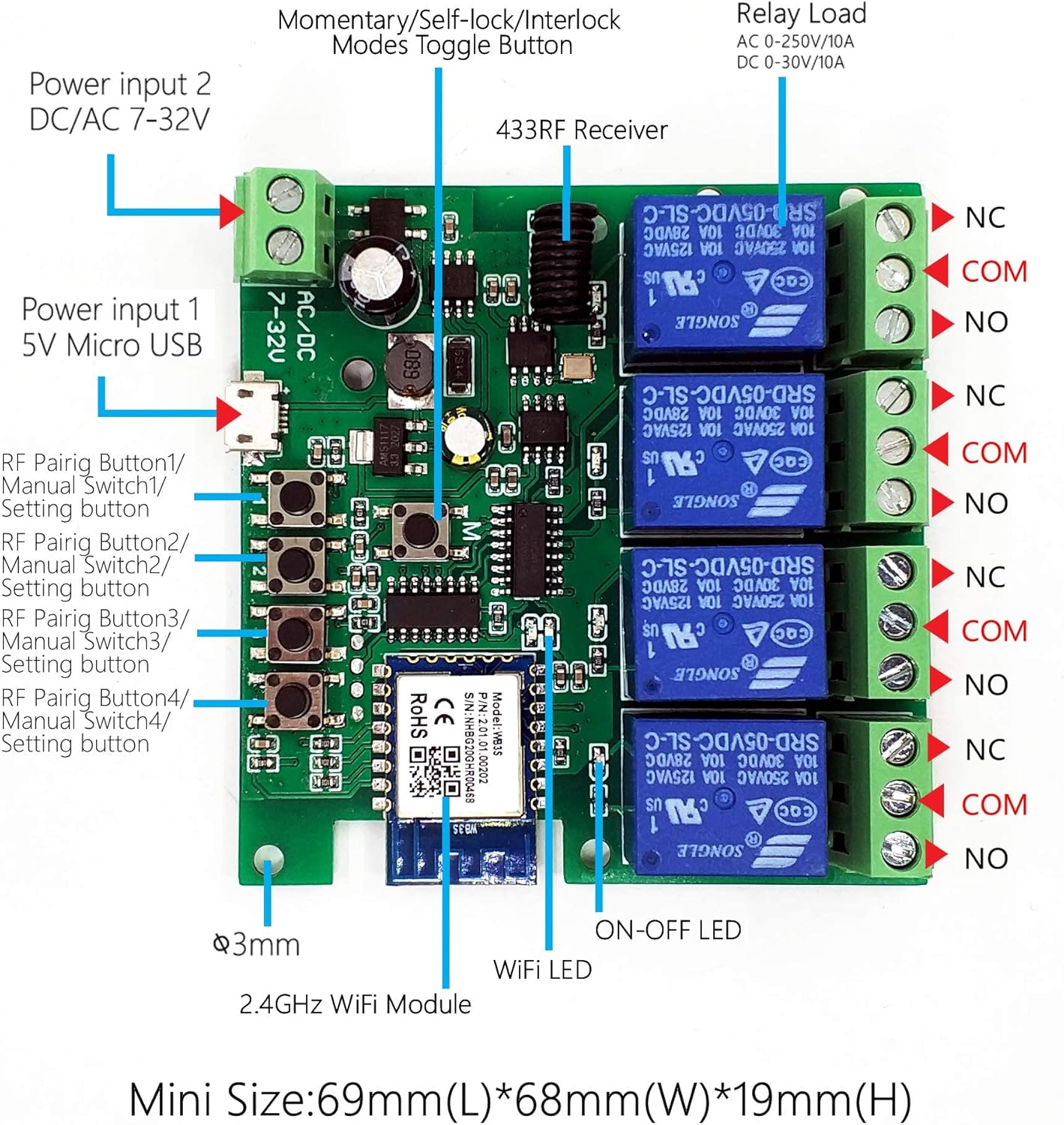 4 channelsWiFi Wireless Smart Switch Inching Self-locking Relay Module, be applied to access control Tuya SmartLife APP,DIY WIFI Garage Door Opener With 433 MHz RF remote control