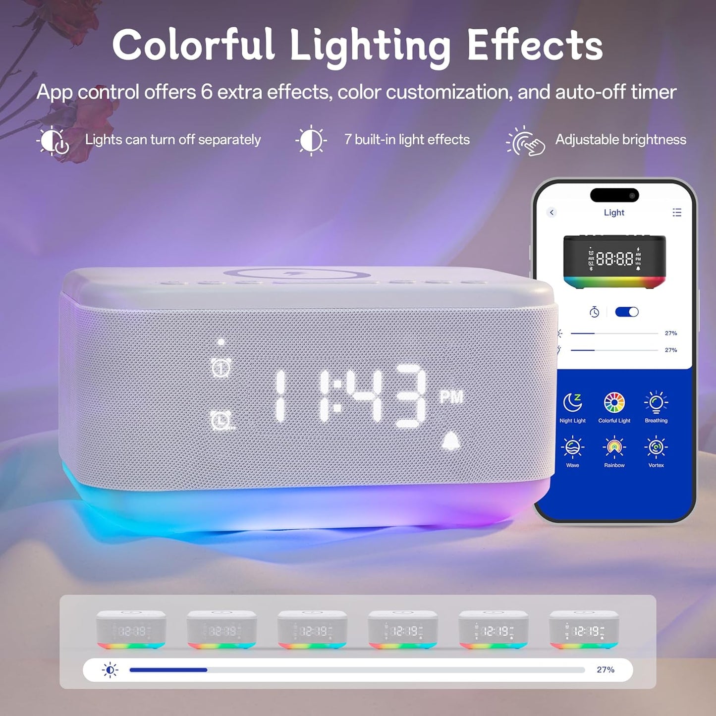 Bluetooth Alarm Clock Radio Bedroom, Digital Dual Alarm Clock Bedroom, Up to 10 Alarms Clock Night Light Speaker App/Button Control FM Charge Snooze Adjustable Volume Dim 12/24H, White