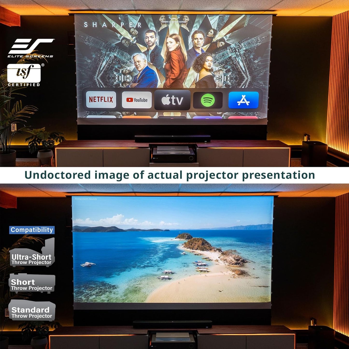 Elite Screens Kestrel Tab-Tension 3 CineWhite, 122 inch 16:9 Aspect Ratio, ISF Certified, Electric Floor-Rising Motorized Tab-Tensioned Front Projector Screen, Programmed Remote Kit, FTE122H3