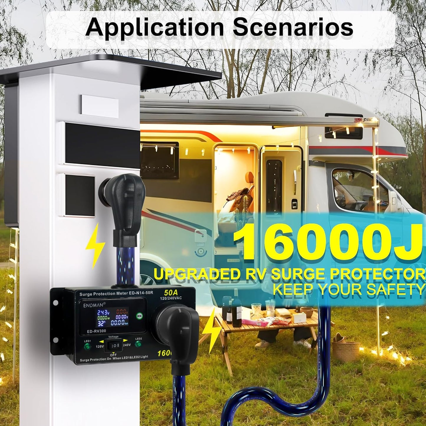 RV 50 Amp Surge Protector AC Power Meter,16000Joules 240V NEMA 14-50P LCD Dispaly KWH,Voltage Monitor with LED Display,10AWG Cable