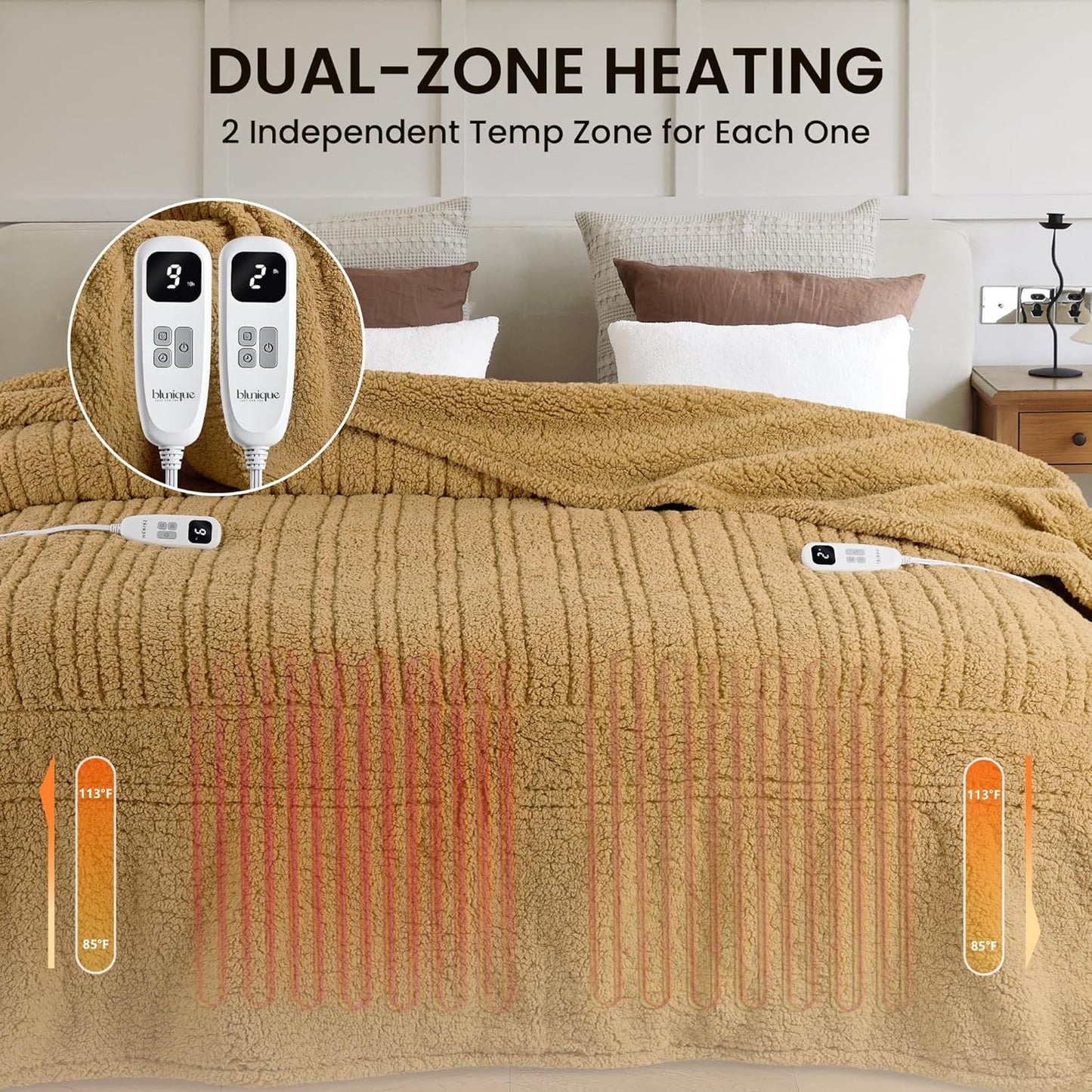 Heated Blanket Electric Blanket Queen - Fast Heating Blanket Throw Dual Control Double Sided Sherpa with 10 Heating Levels & 2-10 Hours Auto Off, Mashine Washable, 84 x 90 Inches, Camel