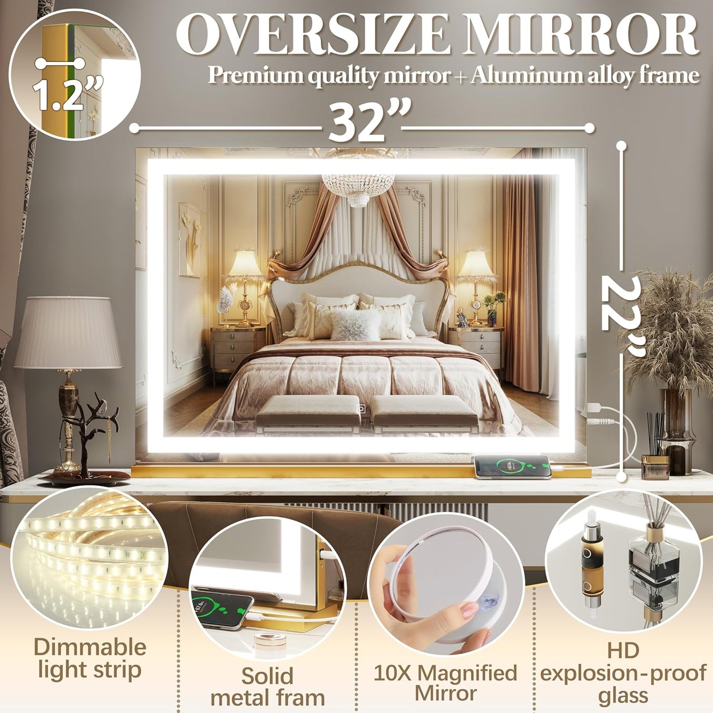 FENNIO Vanity Mirror with Lights 32"x22", Lighted Makeup Mirror, Large Vanity Mirror, Touch Sensor with 3-Color Lighting, 10X Magnification and USB Charging Port for Vanity Desk(Square Gold)