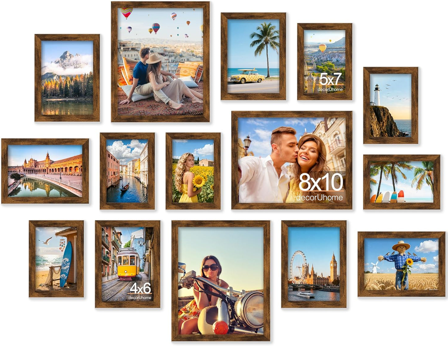 decorUhome Assorted Picture Frames Collage Wall Decor for Photo Gallery Display Set of 15 Including Three 8x10 / Six 5x7 / Six 4x6 for Family Wall Decor, Distressed Brown, 15 Pack