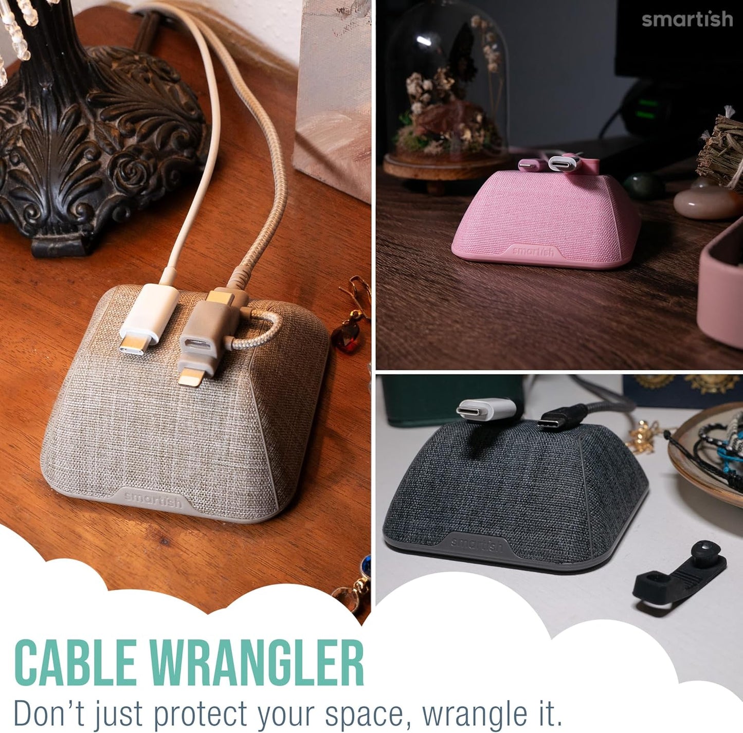 Smartish® Magnetic Cord Holder - Cable Wrangler Organizer Stocking Stuffer with Magnet Clips for Charger Management on Desktop, Nightstand for USB-C + Lightning - Blue Jeanie