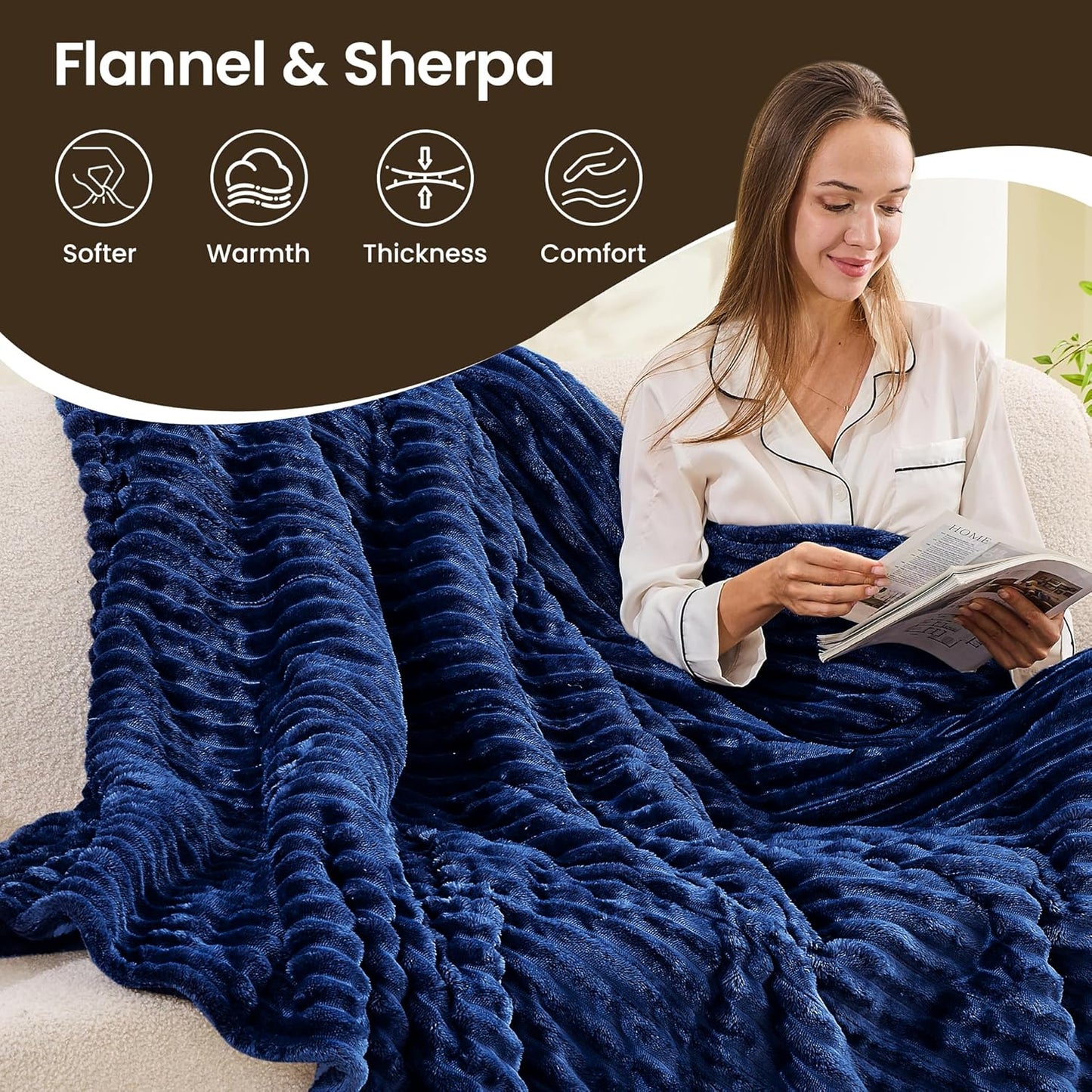 Heated Blanket Electric Blanket 90"x90", Soft Flannel Sherpa Electric Throw with 5 Heating Level & 12 Times Setting, Heated Throw with Overheating Protection, Machine Washable (Navy Blue)