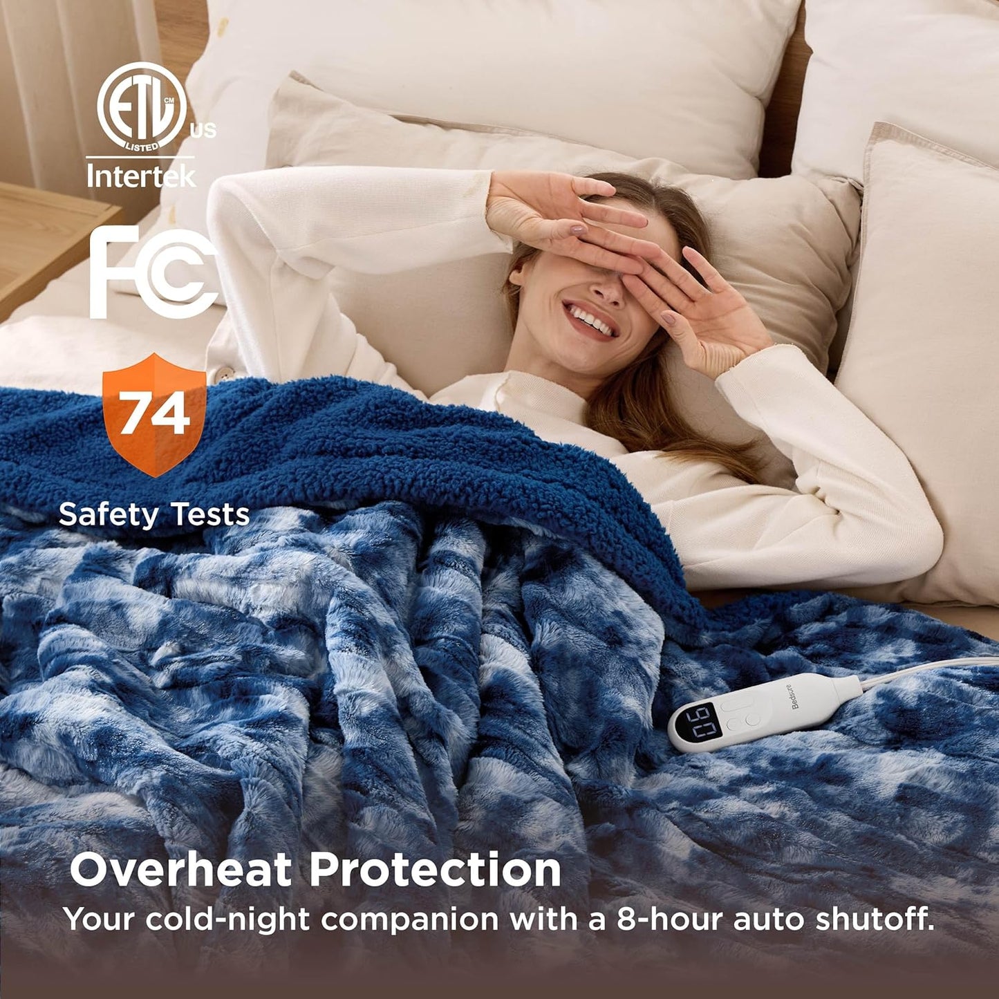 Bedsure Faux Fur Heated Blanket Full Size, Fast Heating Electric Blanket Full Size with 6 Heating Levels & 10 Time Settings, Cozy Gifts for Women Men (72x84 inches, Denim Blue)