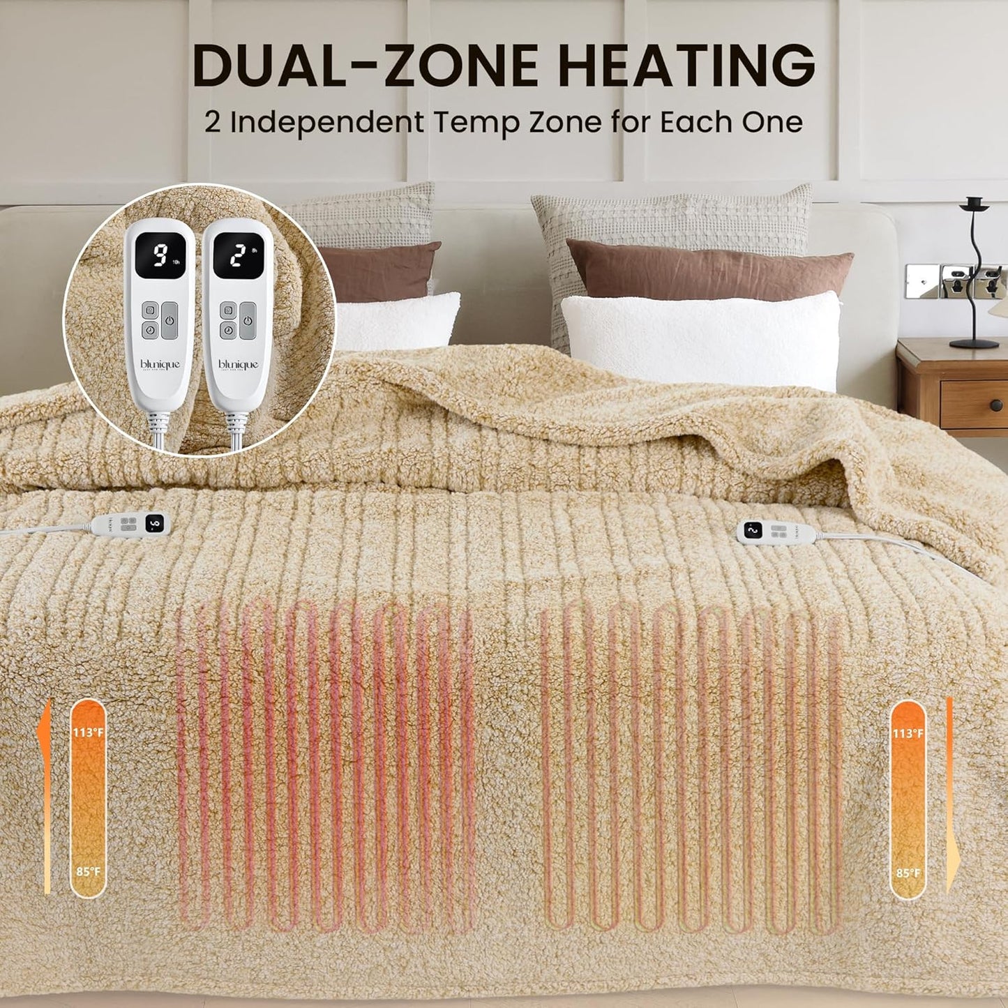 Heated Blanket Electric Blanket Queen - Fast Heating Blanket Throw Dual Control Double Sided Sherpa with 10 Heating Levels & 2-10 Hours Auto Off, Mashine Washable, 84 x 90 Inches, Camel