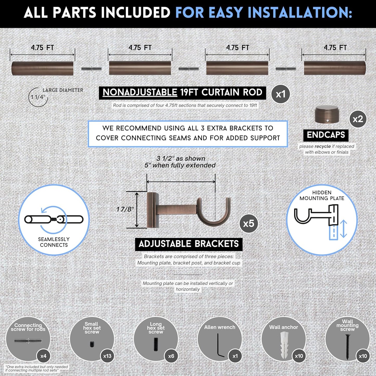 BlastHome® Non-Adjustable Luxury Extra Long Curtain Rod, 1 ¼” Rod Set, 19 foot Fixed Length (Four Rods Connect for a Seamless Look), Oil Rubbed Bronze