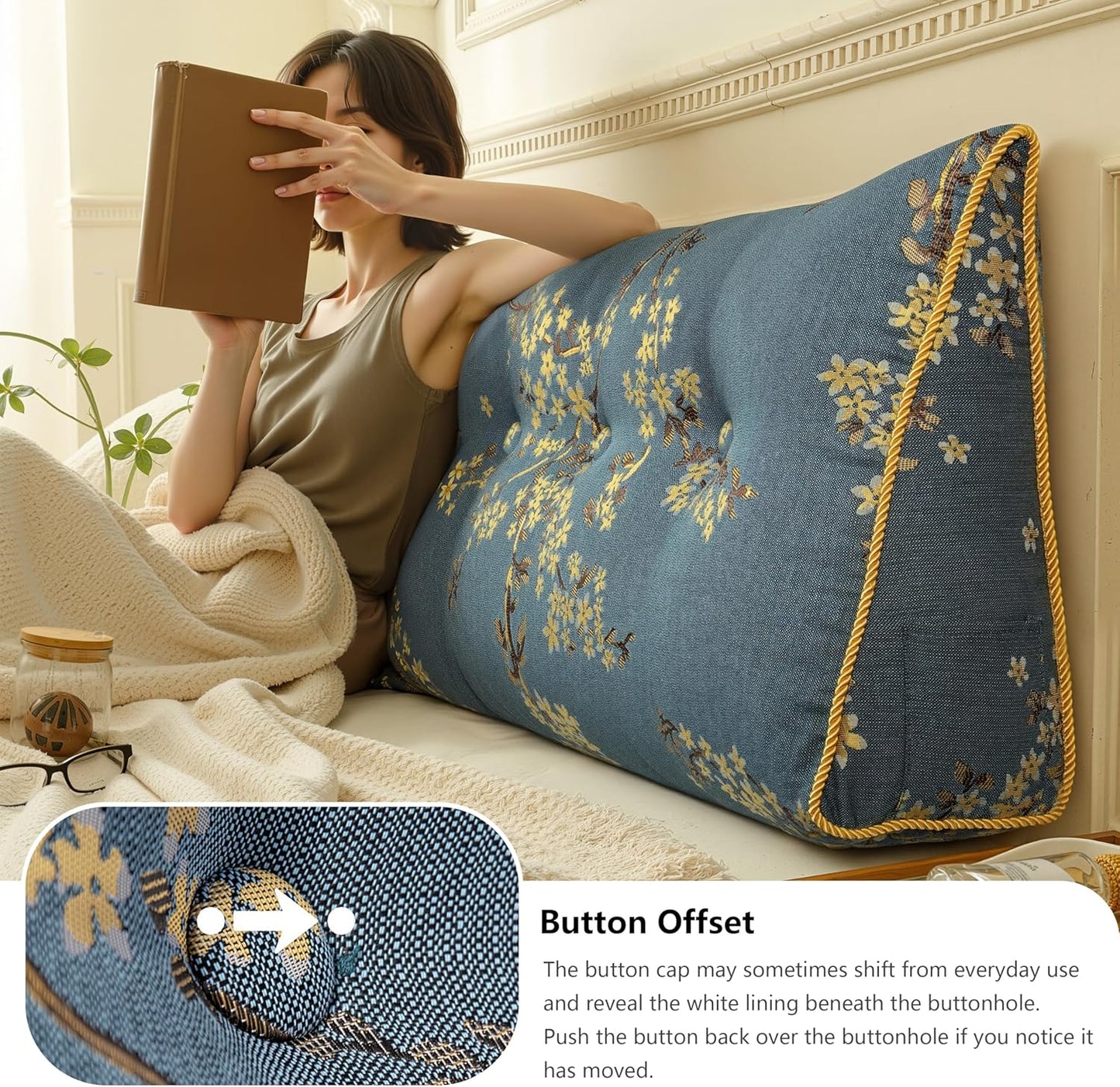 WOWMAX Large Bolster Triangular Headboard Backrest Positioning Support Reading Wedge Pillow for Day Bed Bunk Bed Removable Cover Full Size Lake Blue