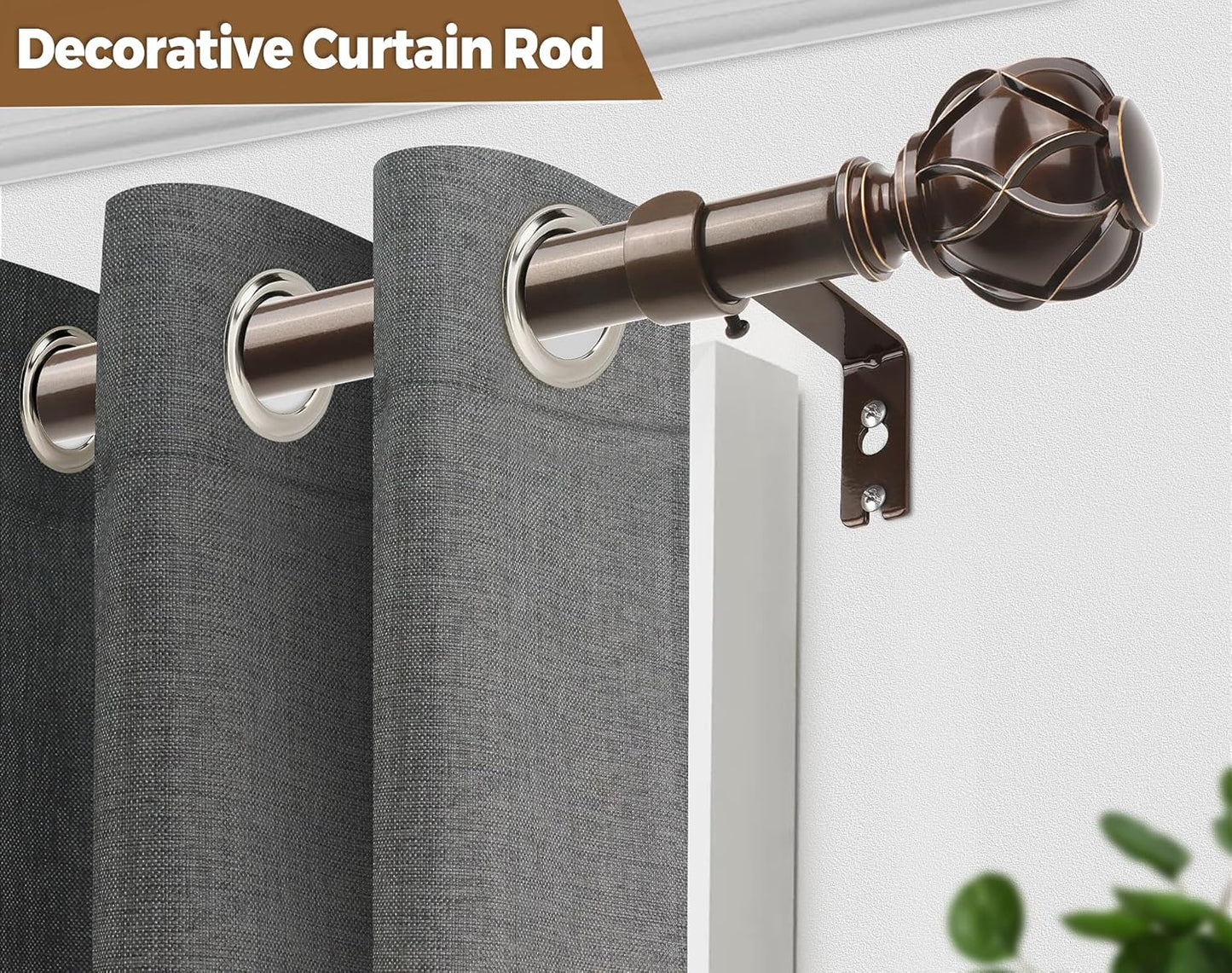 KAMANINA Curtain Rods for Windows 48 to 84 Inch, Antique Bronze Heavy Duty Curtain Rod Adjustable, 7/8 Inch Single Decorative Drapery Rod 32 to 86 Inch(2.6-7.1Ft), Netted Texture End