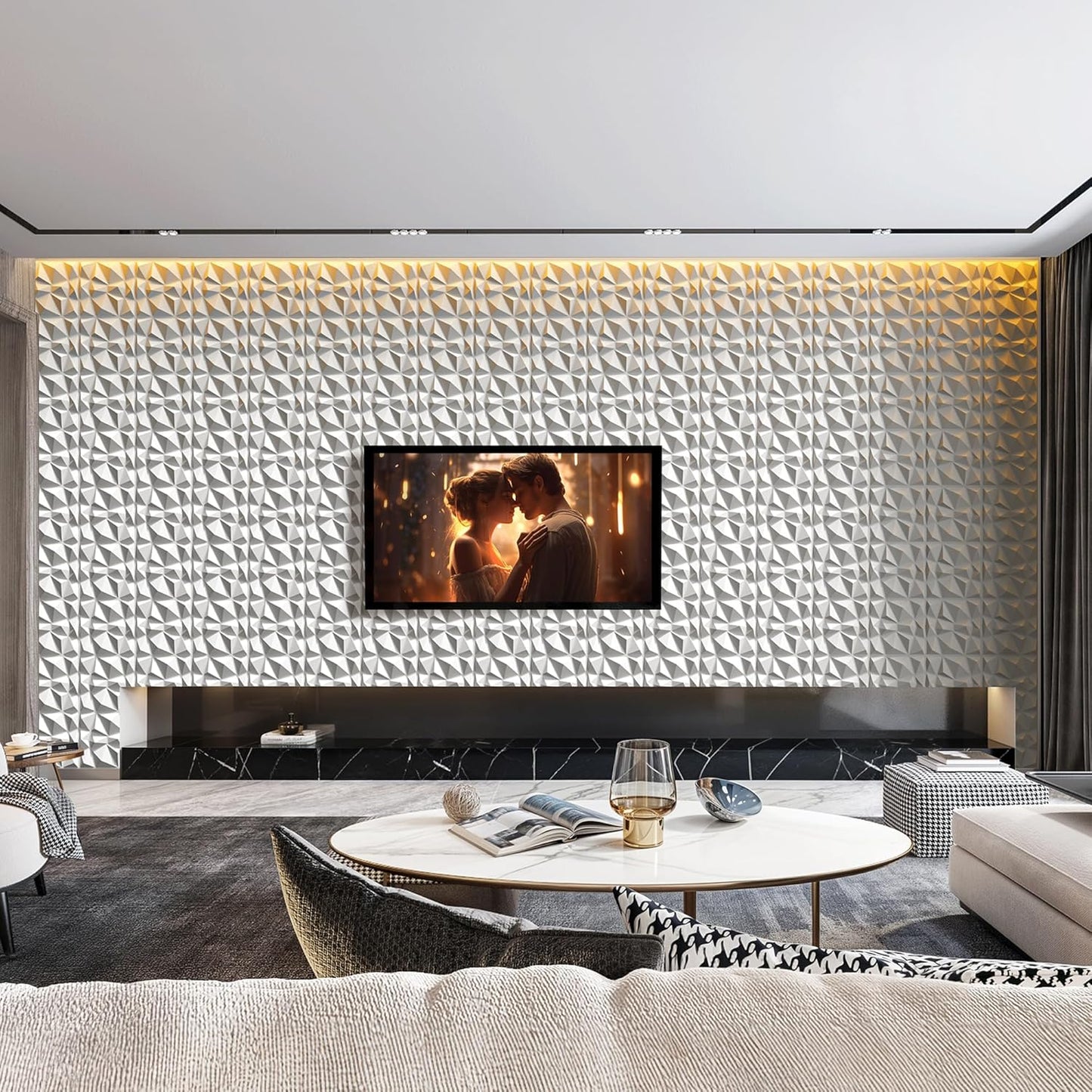 INMOZATA 3D Wall Panels for Interior Wall Decor, 33 Pack 12 x 12 Inch Decorative Wall Panels Diamond 3D Textured Accent Panel for TV, Gaming Living Room, Bedroom Background(White)