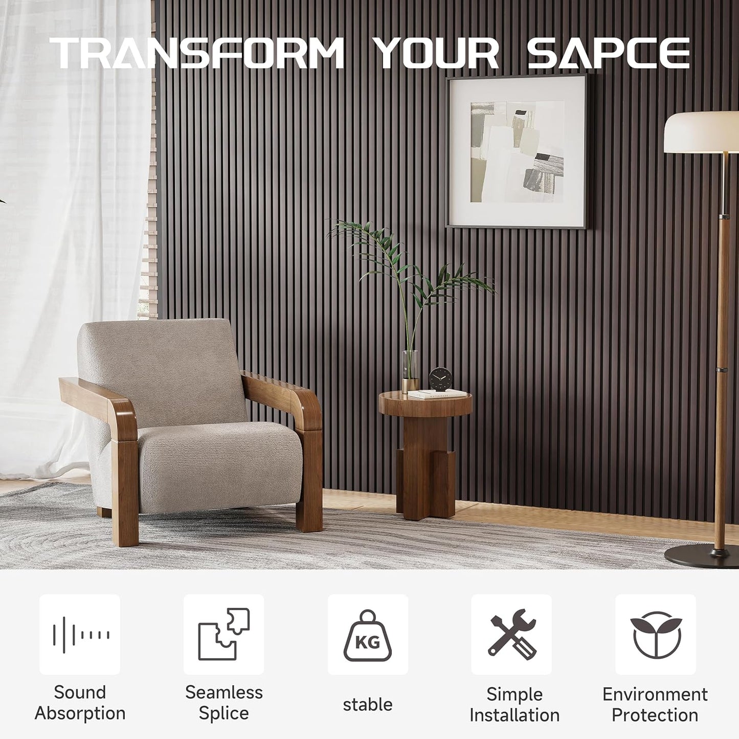 Stylish Decorative Wall Panels, 4 Pack 8 x 1 ft, Modern Acoustic Wood Panels with Felt Backing, Black-Brown Oak