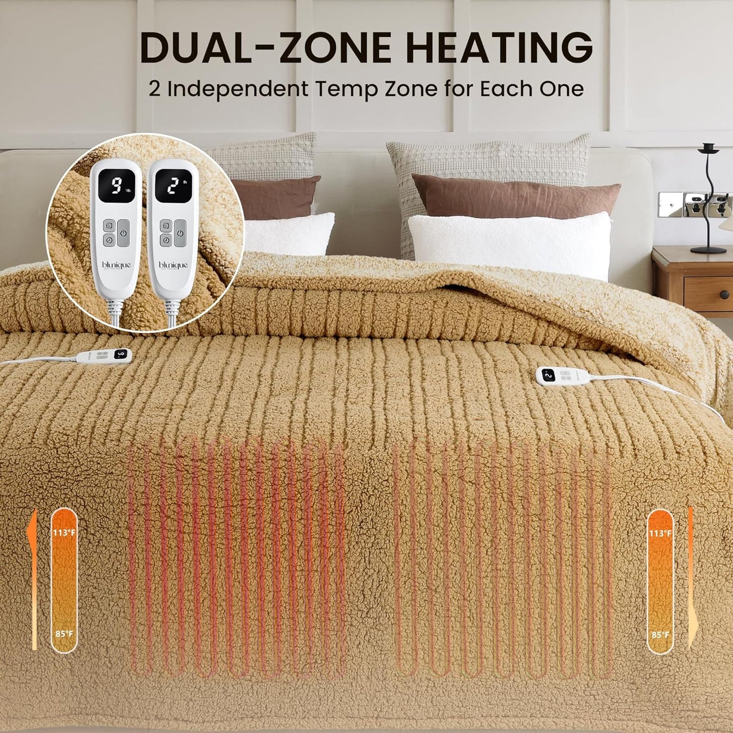 Heated Blanket Electric Blanket Queen - Fast Heating Blanket Throw Dual Controllers Double Sided Sherpa with 10 Heating Levels & 2-10 Hours Auto Off, Mashine Washable, 84 x 90 Inches, Camel
