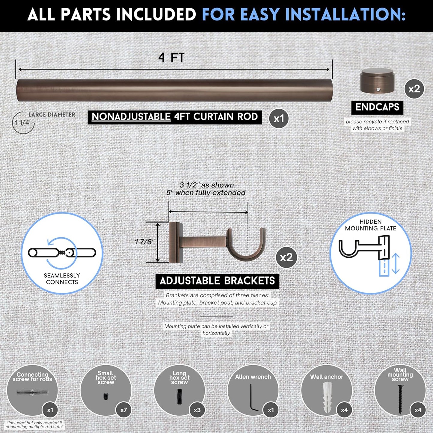 BlastHome® Non-Adjustable Luxury Curtain Rods for Windows, 1 ¼” Rod Set, 4 foot Fixed Length, Oil Rubbed Bronze