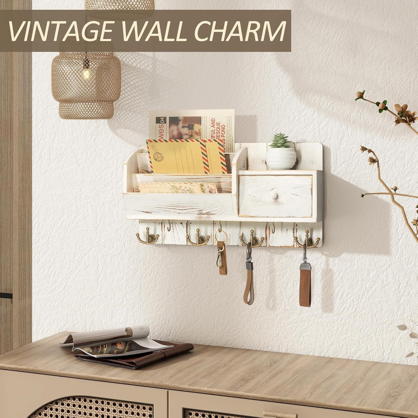 Rebee Vision Key Holder Wall Mount with Mail Sorter - Farmhouse Mail and Key Organizer for Wall with Small Drawer Organizer - Ideal Farmhouse Home Decor Solution (Whitewash)