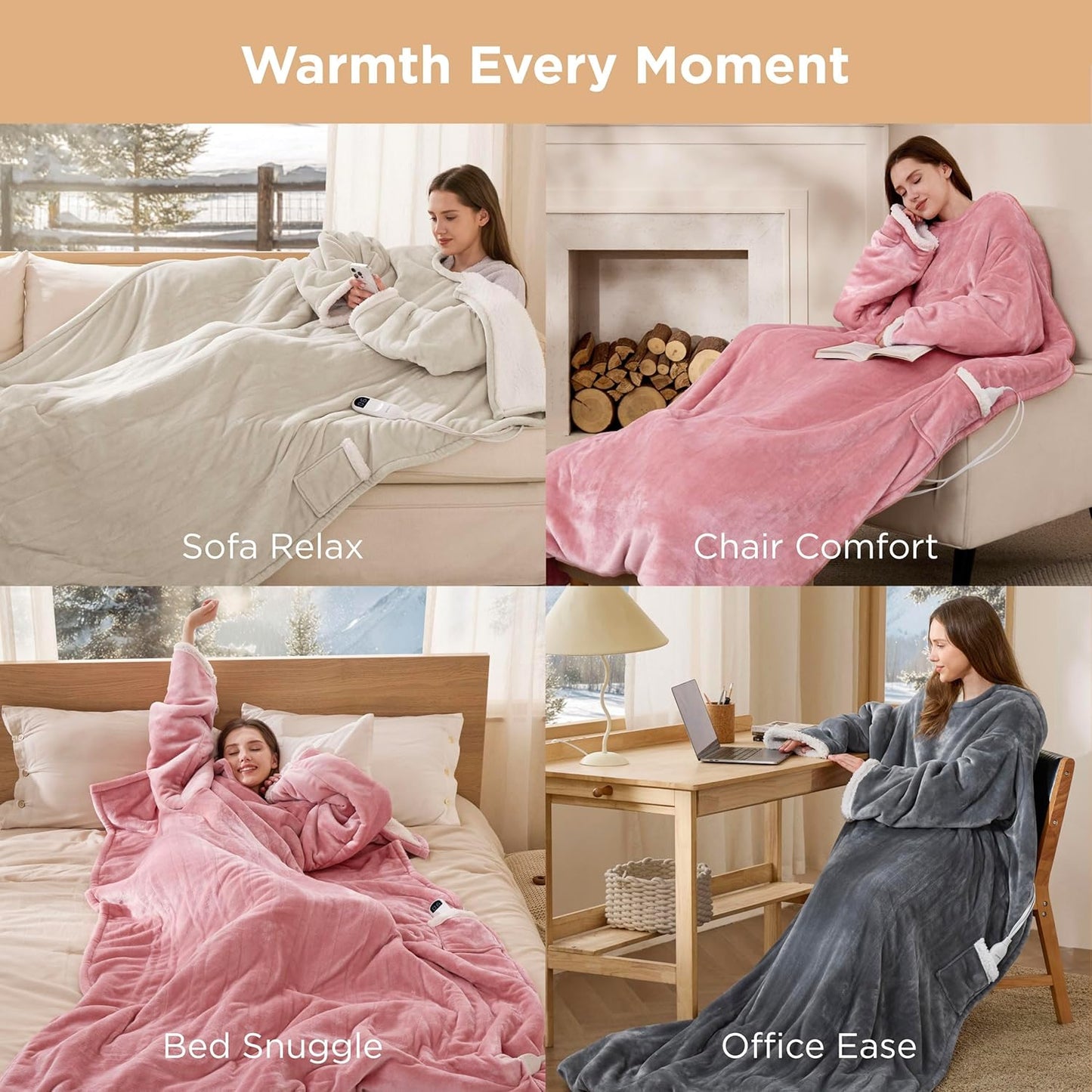 Bedsure Wearable Heated Blanket with Foot Pocket - Electric Snuggle Blanket for Adult with Sleeves, Winter Gifts for Mom Women Girlfriend, Warm Sherpa Heating Throw, Auto Shut Off, 50 x 71+18", Pink