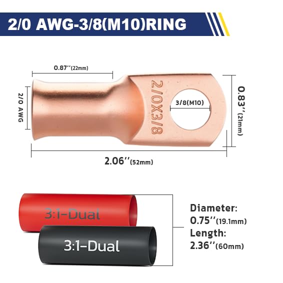 haisstronica 10pcs 2/0 AWG - 3/8"(M10) Battery Cable Lugs, Heavy Duty Copper Wire Lugs with 10pcs 3:1 Adhesive Heat Shrink Tubing, 00 Gauge Copper Lugs, Battery Terminal Connector, Battery Cable Ends