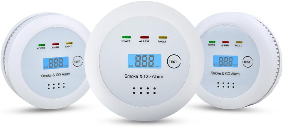 2 in1 Smoke Detector Carbon Monoxide Detector Combo,with LCD Digital Display and Sound Warning Test Button，Battery Powered，Easy Installation, for Home, Bedroom, Kitchen (3PACKS)