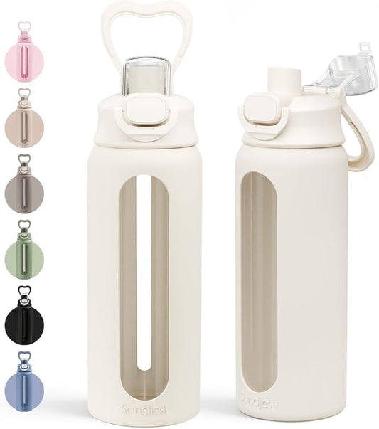 SANDJEST Glass Water Bottle with Silicone Sleeve 24oz with Lid, Motivational Time Marker, Drinking Hydration Glass Bottles for Men Women, Gym Travel Sports (Cream)