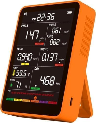 Professional Indoor Air Quality Monitor with AQI, Portable Real-Time Detector for Home Cars Plants and Pets (Orange)