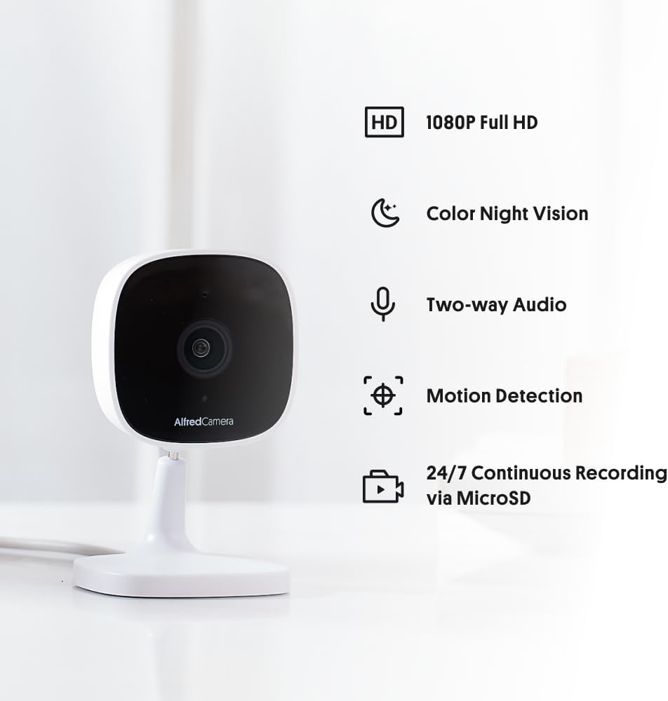 AlfredCam Indoor WiFi Security Camera, FullHD 1080P, 2.4G/WiFi, Continuous Recording, Motion Detection, Night Vision, Baby Monitor/Pet/Nanny Cam, App Powered (90M+ downloads)