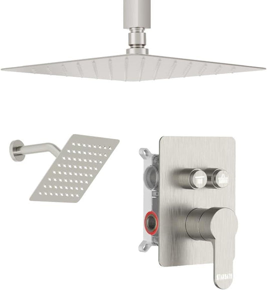 Shower Faucet Set Brushed Nickel Shower System, STARBATH 10" Ceiling Mount Rain Showerhead and 6" Wall Mounted Rainfall Shower for Couples, On Off Button Valve Dual Head Shower Systems Complete