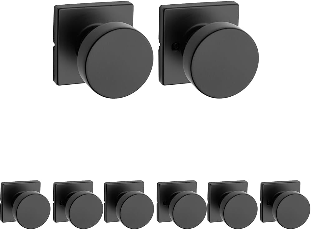 Kwikset Pismo Interior Passage Door Knob, Handle for Closet and Hallway Doors, Non-Locking Doorknob in Matte Black, with Microban Protection, Square Rose (Pack of 4)