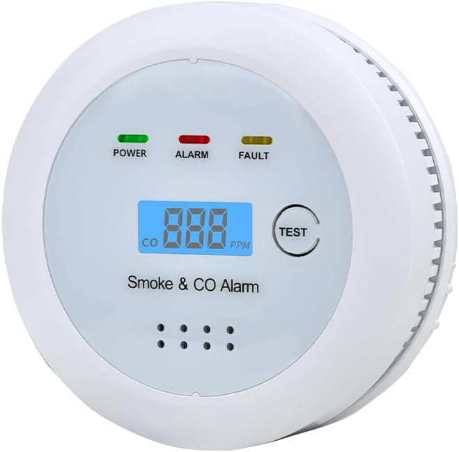 2 in1 Smoke Detector Carbon Monoxide Detector Combo,with LCD Digital Display and Sound Warning Test Button，Battery Powered，Easy Installation, for Home, Bedroom, Kitchen (1PACK)