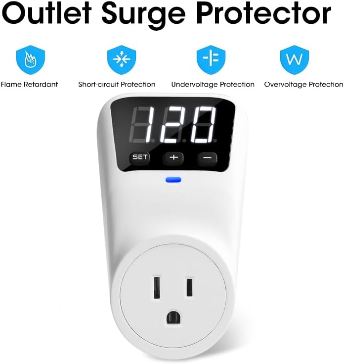 Smart Surge Protector Voltage Stabilizer Fireproof UL94V-1 Wall Mount Surge Protector Outlet for Refrigerator, TV & Heavy-Duty Appliances w/Real-Time Monitoring & Custom Voltage 80V-140V