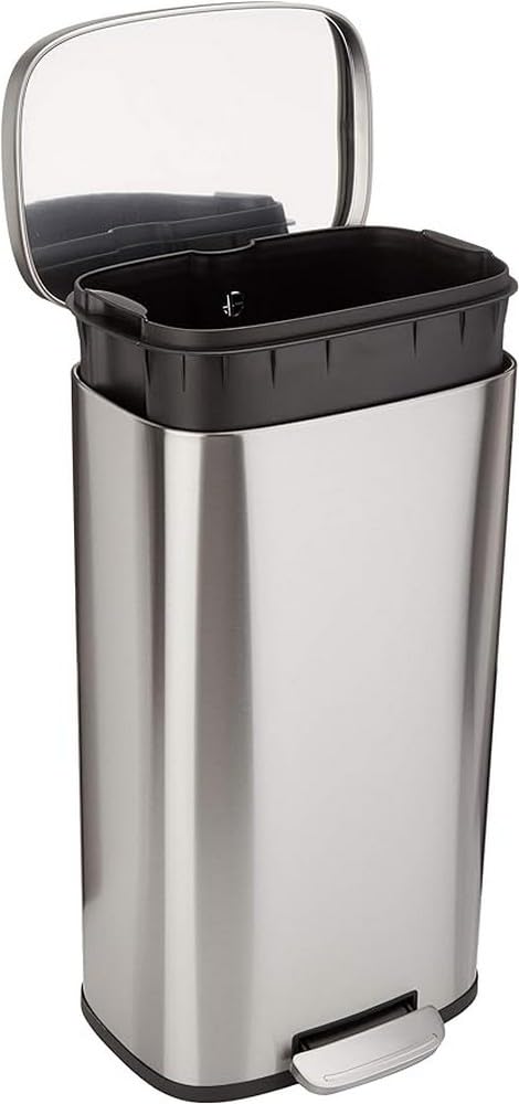 Amazon Basics Smudge Resistant Rectangular Trash Can With Soft-Close Foot Pedal, Brushed Stainless Steel, 30L/7.9 Gal, 13.8x11.8x25 in, Satin Nickel Finish