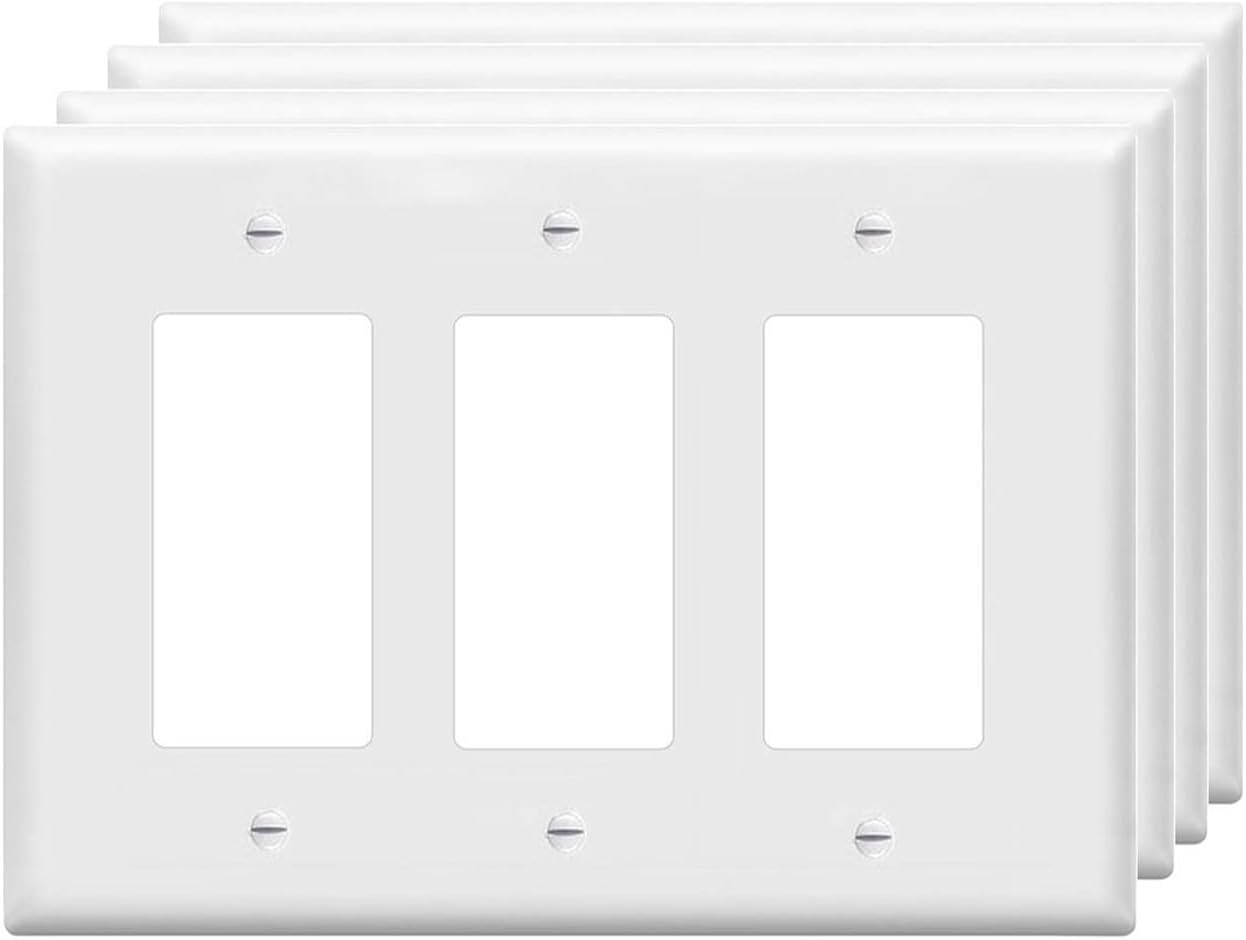 Decorator Wall Plates 3-Gang Switch Outlet Electrical Cover Plate Unbreakable Thermoplastic Faceplate for Light Receptacle Outlet Switch, White (4 Pack)