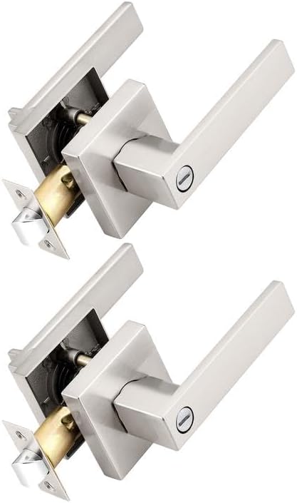 Probrico Interior Brushed Nickel Door Handle, Heavy Duty, Flat Square Privacy Door Handles, Keyless Door Levers Lockset for Bedroom and Bathroom (2 Pack, Modern)