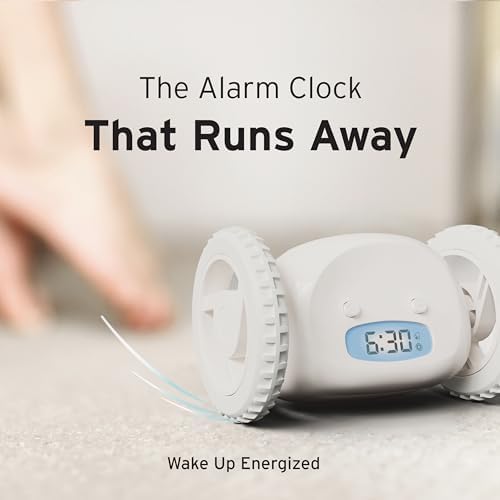 CLOCKY Alarm Clock on Wheels – Loud Rolling Alarm Clock for Heavy Sleepers | Runaway Clock That Jumps & Runs to Wake You Up | Funny Unique Gift for Adults & Teens (White)