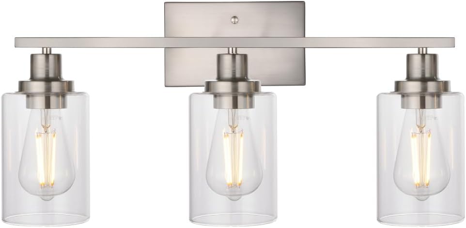 MELUCEE 3 Lights Wall Sconce Brushed Nickel Finished Modern Bathroom Vanity Light Fixtures with Clear Glass Shade Suit for Porch Bedroom Foyer Kitchen (Patent No.: US D963914 S)