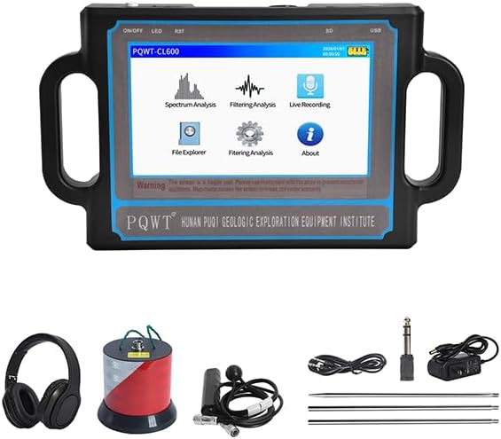 PQWT CL600 Water Leak Detectors for Home and Outside Wall Water Pipe Detector Acoustic Pipeline Leakage Detection Kit Professional Sensor Noise Reduce Headphone LSD Touchscreen Carry Case 6 Meters