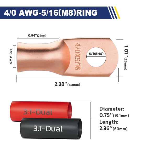 haisstronica 10pcs 4/0 AWG - 5/16"(M8) Battery Cable Lugs, Heavy Duty Wire Lugs with 10pcs 3:1 Adhesive Heat Shrink Tubing, 0000 Gauge Wire Lugs, Battery Terminal Connector, Battery Cable Ends