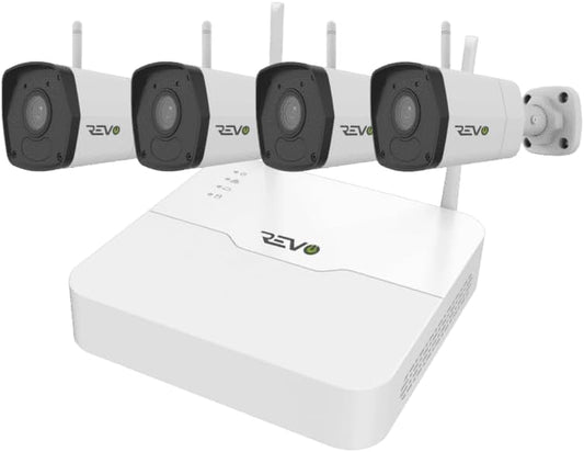 Revo Ultra Wireless 4-Channel Security System NVR with 1TB HDD, 4X 1080p (2MP) Indoor/Outdoor IR Wi-Fi Bullet Cameras, 105° Coverage, Remote Access via Smartphone, PC and MAC (No Monthly Fees)